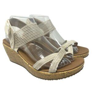 Skechers Womens 9 Beverlee Sandals Ankle Strappy Wedge Heel Beige Tan Luxe Foam